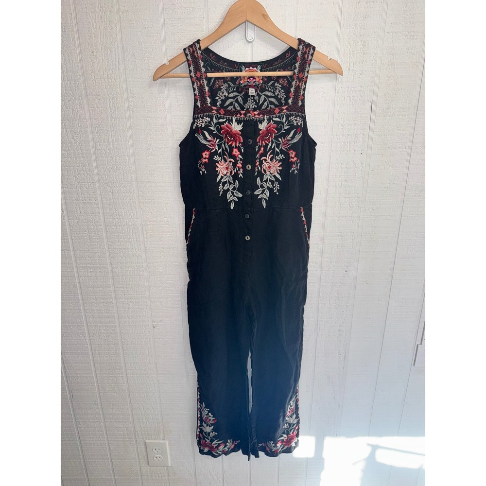 Johnny Was Jumpsuit Women Black Floral Embroidered Linen Button Front XS